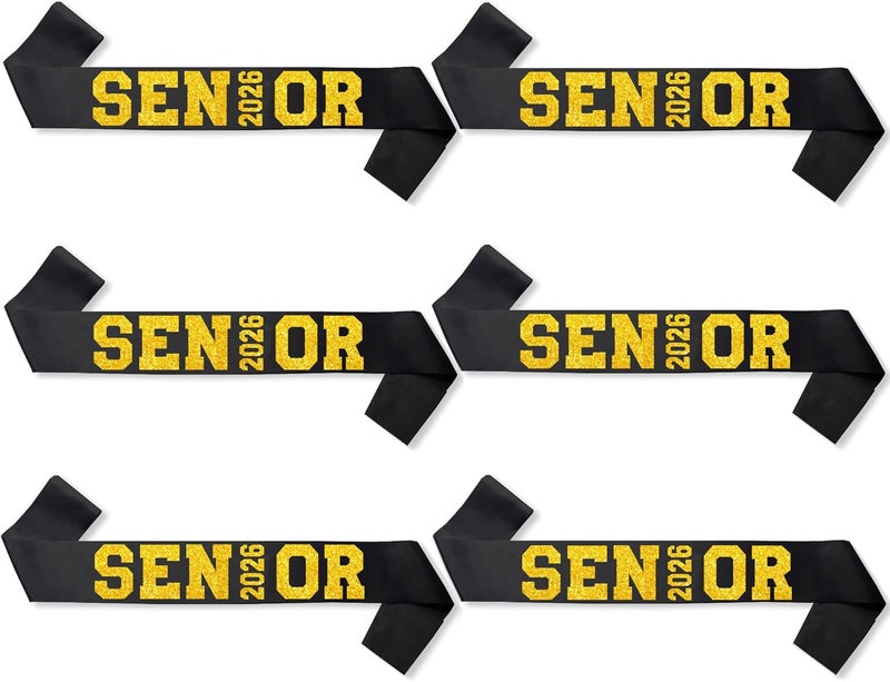 Partyprops 6Pcs Black Senior 2026 Satin Sashes with Gold Glitter Letters Senior 2026 Decorations - 2026 Graduation Celebrations Sashes - Senior Cheer Sash - Cheerleader Sash - Class Competition Sashes - Image 1